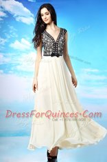 Cap Sleeves Chiffon Ankle Length Side Zipper Evening Dress in White And Black with Appliques and Bowknot