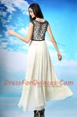 Cap Sleeves Chiffon Ankle Length Side Zipper Evening Dress in White And Black with Appliques and Bowknot