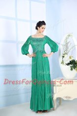 High End Green Chiffon Zipper Prom Gown 3 4 Length Sleeve Floor Length Beading and Appliques and Ruching