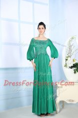 High End Green Chiffon Zipper Prom Gown 3 4 Length Sleeve Floor Length Beading and Appliques and Ruching