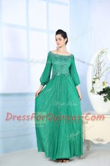 High End Green Chiffon Zipper Prom Gown 3 4 Length Sleeve Floor Length Beading and Appliques and Ruching