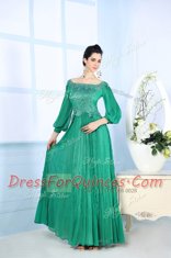 High End Green Chiffon Zipper Prom Gown 3 4 Length Sleeve Floor Length Beading and Appliques and Ruching