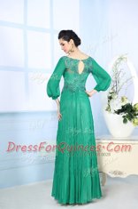 High End Green Chiffon Zipper Prom Gown 3 4 Length Sleeve Floor Length Beading and Appliques and Ruching