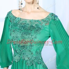 High End Green Chiffon Zipper Prom Gown 3 4 Length Sleeve Floor Length Beading and Appliques and Ruching