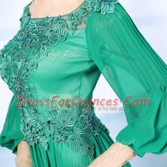 High End Green Chiffon Zipper Prom Gown 3 4 Length Sleeve Floor Length Beading and Appliques and Ruching