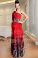 Red Column/Sheath Chiffon One Shoulder Sleeveless Beading and Pattern and Pleated Floor Length Side Zipper Dress for Prom
