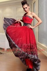 Red Column/Sheath Chiffon One Shoulder Sleeveless Beading and Pattern and Pleated Floor Length Side Zipper Dress for Prom