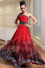 Red Column/Sheath Chiffon One Shoulder Sleeveless Beading and Pattern and Pleated Floor Length Side Zipper Dress for Prom