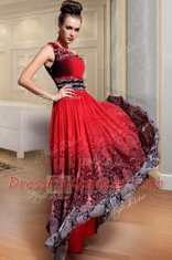 Red Column/Sheath Chiffon One Shoulder Sleeveless Beading and Pattern and Pleated Floor Length Side Zipper Dress for Prom