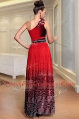 Red Column/Sheath Chiffon One Shoulder Sleeveless Beading and Pattern and Pleated Floor Length Side Zipper Dress for Prom