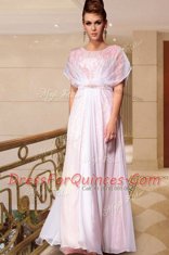 Custom Fit Pink Prom and Party and For with Beading Scoop Cap Sleeves Side Zipper