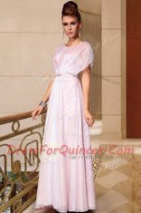 Custom Fit Pink Prom and Party and For with Beading Scoop Cap Sleeves Side Zipper