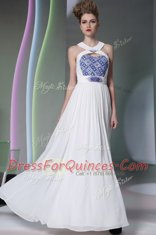 Super White Chiffon Zipper Halter Top Sleeveless Floor Length Prom Dress Beading and Embroidery