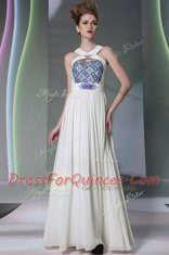Super White Chiffon Zipper Halter Top Sleeveless Floor Length Prom Dress Beading and Embroidery