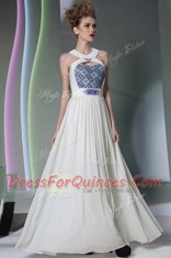Super White Chiffon Zipper Halter Top Sleeveless Floor Length Prom Dress Beading and Embroidery