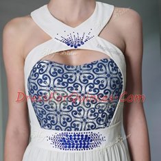 Super White Chiffon Zipper Halter Top Sleeveless Floor Length Prom Dress Beading and Embroidery