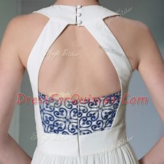Super White Chiffon Zipper Halter Top Sleeveless Floor Length Prom Dress Beading and Embroidery