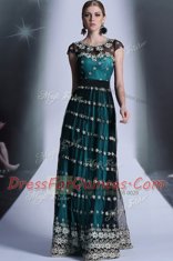 Glamorous Scoop Teal Empire Appliques and Pleated Prom Dresses Side Zipper Organza Cap Sleeves Floor Length