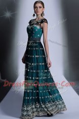 Glamorous Scoop Teal Empire Appliques and Pleated Prom Dresses Side Zipper Organza Cap Sleeves Floor Length