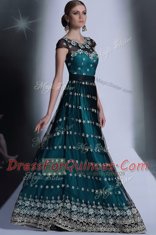 Glamorous Scoop Teal Empire Appliques and Pleated Prom Dresses Side Zipper Organza Cap Sleeves Floor Length