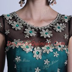 Glamorous Scoop Teal Empire Appliques and Pleated Prom Dresses Side Zipper Organza Cap Sleeves Floor Length
