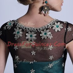 Glamorous Scoop Teal Empire Appliques and Pleated Prom Dresses Side Zipper Organza Cap Sleeves Floor Length