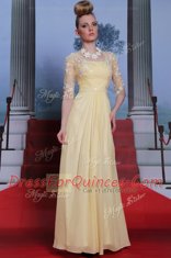 Floor Length Light Yellow Dress for Prom Spaghetti Straps Half Sleeves Zipper