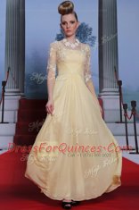 Floor Length Light Yellow Dress for Prom Spaghetti Straps Half Sleeves Zipper