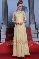 Floor Length Light Yellow Dress for Prom Spaghetti Straps Half Sleeves Zipper