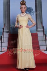 Floor Length Light Yellow Dress for Prom Spaghetti Straps Half Sleeves Zipper