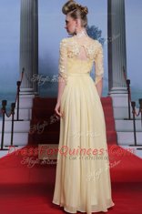 Floor Length Light Yellow Dress for Prom Spaghetti Straps Half Sleeves Zipper