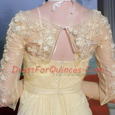 Floor Length Light Yellow Dress for Prom Spaghetti Straps Half Sleeves Zipper