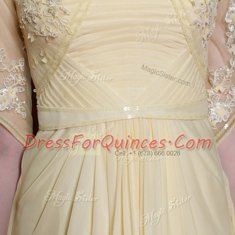 Floor Length Light Yellow Dress for Prom Spaghetti Straps Half Sleeves Zipper