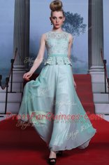 Comfortable Scoop Floor Length Side Zipper Prom Dresses Light Blue for Prom and Party with Lace and Belt