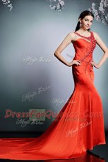 Amazing Coral Red Prom Evening Gown Scoop Sleeveless Court Train Side Zipper