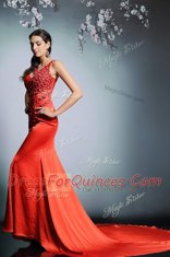 Amazing Coral Red Prom Evening Gown Scoop Sleeveless Court Train Side Zipper