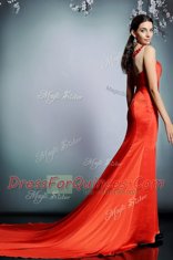 Amazing Coral Red Prom Evening Gown Scoop Sleeveless Court Train Side Zipper