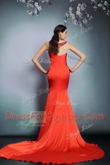 Amazing Coral Red Prom Evening Gown Scoop Sleeveless Court Train Side Zipper