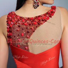 Amazing Coral Red Prom Evening Gown Scoop Sleeveless Court Train Side Zipper