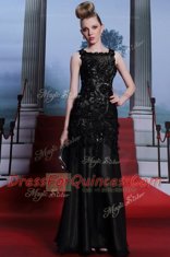 Scoop Floor Length Black Prom Party Dress Satin Sleeveless Beading and Lace and Hand Made Flower