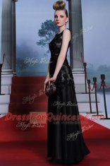 Scoop Floor Length Black Prom Party Dress Satin Sleeveless Beading and Lace and Hand Made Flower