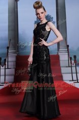 Scoop Floor Length Black Prom Party Dress Satin Sleeveless Beading and Lace and Hand Made Flower