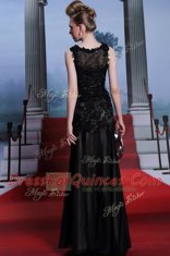 Scoop Floor Length Black Prom Party Dress Satin Sleeveless Beading and Lace and Hand Made Flower