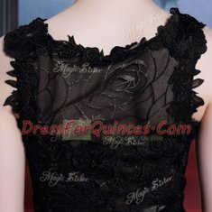 Scoop Floor Length Black Prom Party Dress Satin Sleeveless Beading and Lace and Hand Made Flower