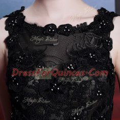 Scoop Floor Length Black Prom Party Dress Satin Sleeveless Beading and Lace and Hand Made Flower