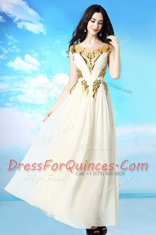 Scoop White Cap Sleeves Ankle Length Sequins and Ruching Side Zipper Prom Dress