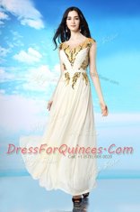 Scoop White Cap Sleeves Ankle Length Sequins and Ruching Side Zipper Prom Dress