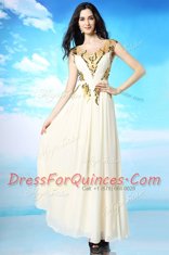 Scoop White Cap Sleeves Ankle Length Sequins and Ruching Side Zipper Prom Dress