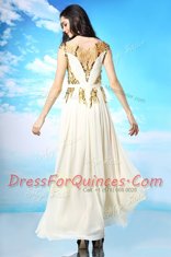 Scoop White Cap Sleeves Ankle Length Sequins and Ruching Side Zipper Prom Dress