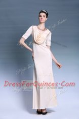 Scoop Champagne Zipper Prom Gown Beading and Ruching Short Sleeves Floor Length